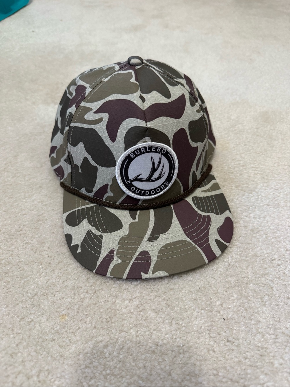 BURLEBO Camo Snapback Hat in Olive, Brown, Cream